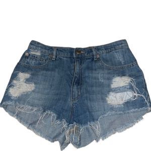 Garage Distressed High Waisted Denim Jean Shorts With Frayed Hem Size 5